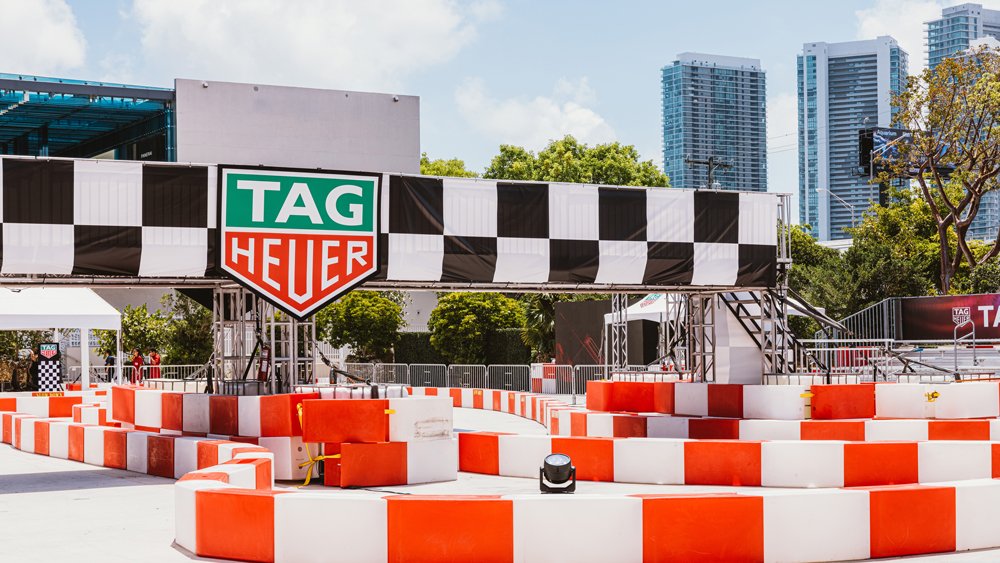 The TAG Heuer go-kart experience in the Miami Design District's Jungle Plaza during the 2022 Formula 1 Miami Grand Prix weekend.