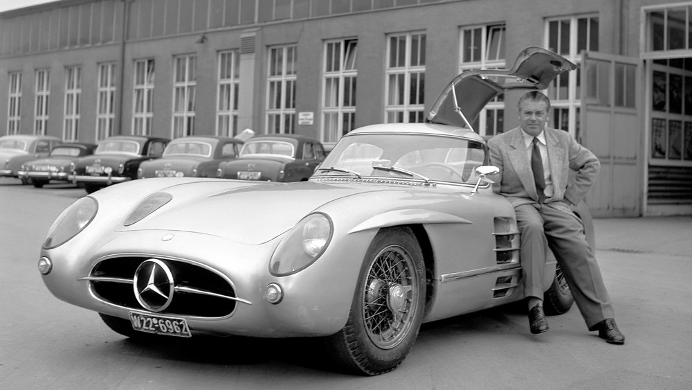 Mercedes engineer Rudolf Uhlenhaut with his namesake 300 SLR Coupé.