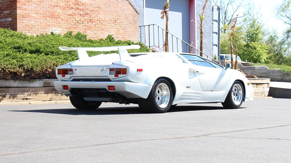 A rear 3/4 shot of the 1989 Lamborghini Countach 25th Anniversary Edition