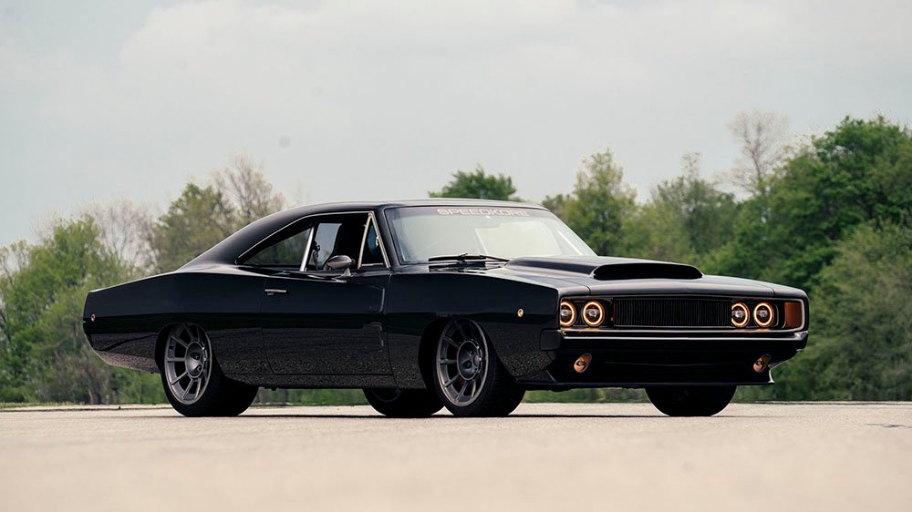 A front 3/4 view of the Speedkore's 1968 Dodge Charger Hellucination