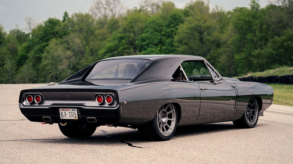 A rear 3/4 view of the Speedkore's 1968 Dodge Charger Hellucination