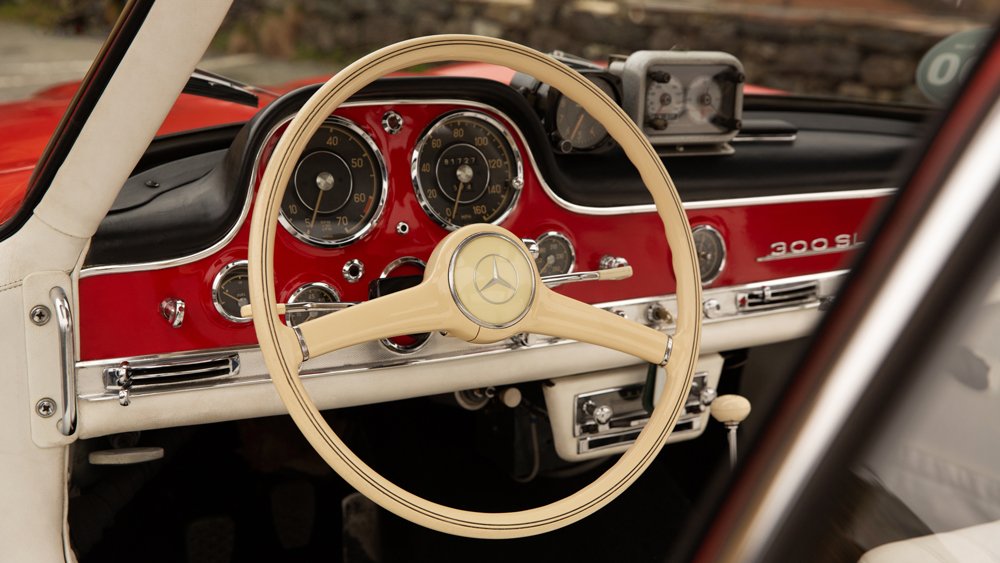 The interior of a 1956 Mercedes-Benz 300 SL Gullwing.