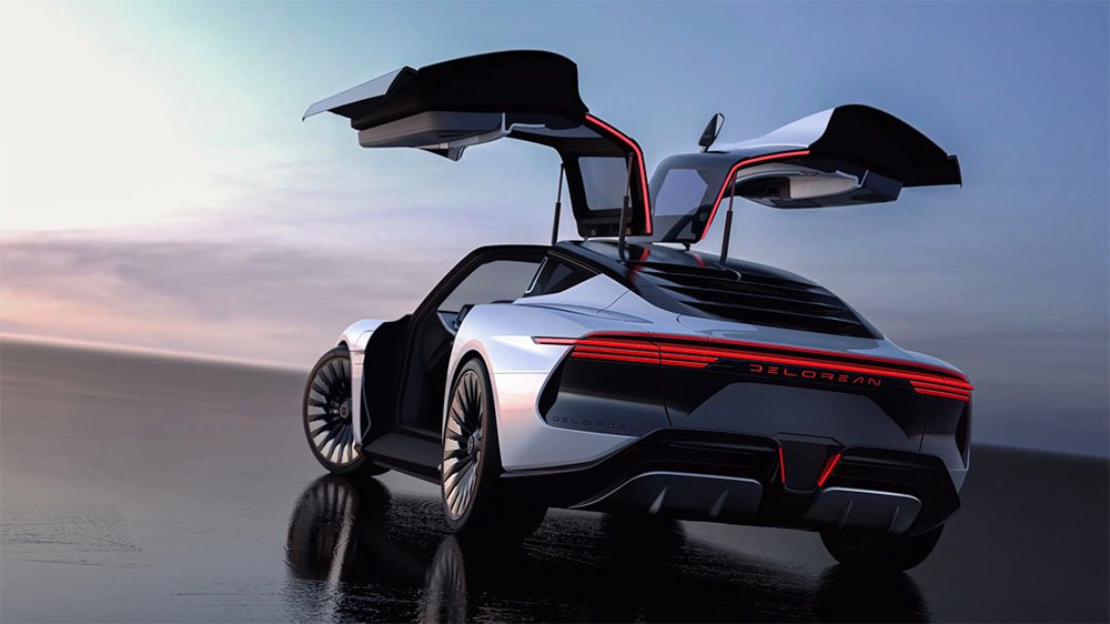 The DeLorean Alpha5 from behind with its gullwing doors open