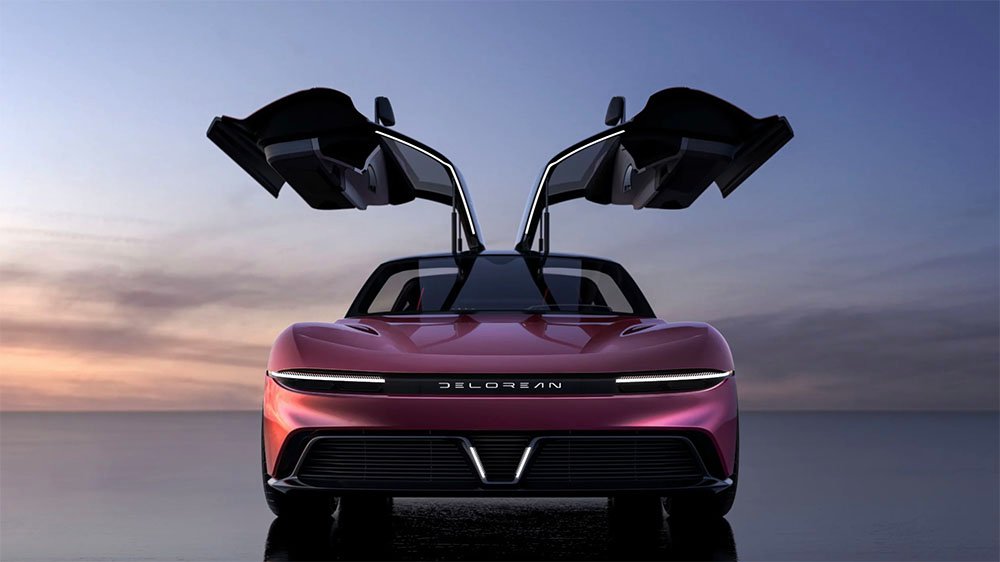 The DeLorean Alpha5 from the front with its gullwing doors open