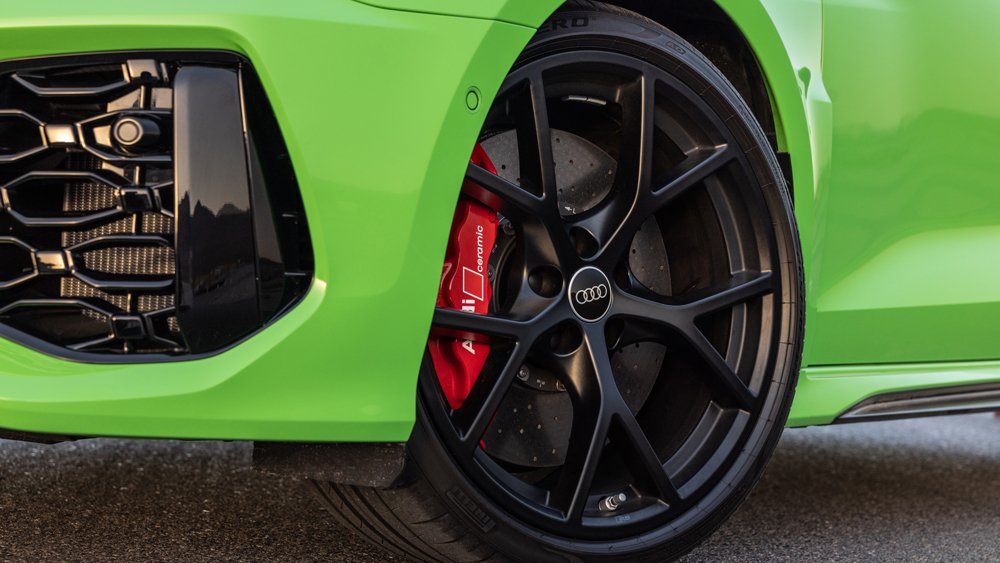 A close-up of the driver's-side front wheel on the 2022 Audi RS 3.