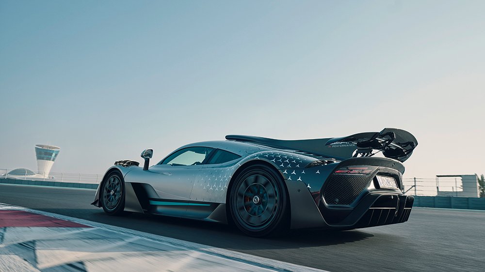 A rear 3/4 view of the Mercedes-AMG One