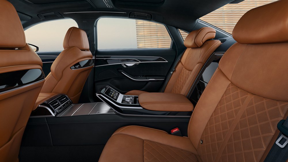 The rear-passenger compartment in the 2022 Audi S8 sedan.