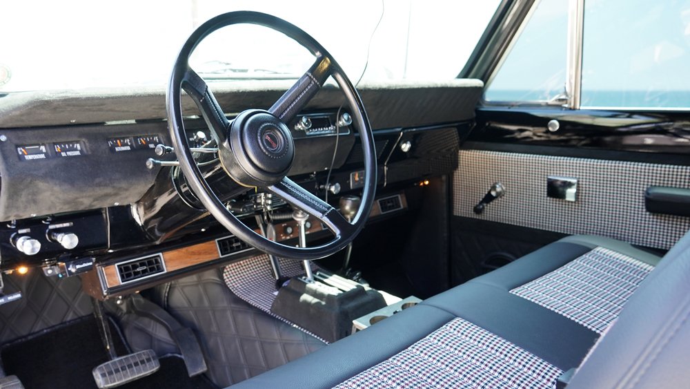 The interior of an International Scout restomod from Bulletproof Restorations.