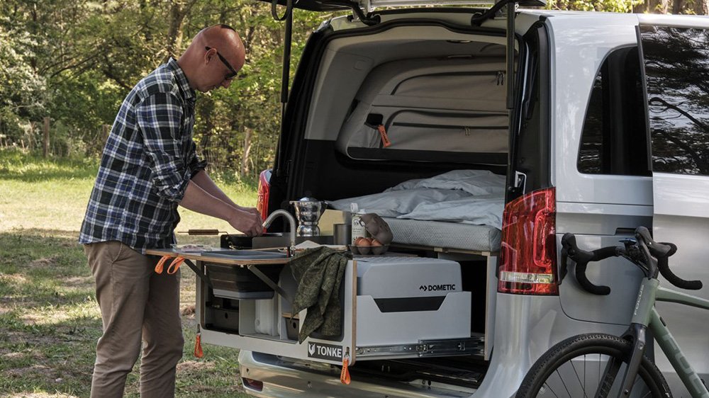 The Tonke Mercedes-Benz EQV Adventure's optional slide-out kitchenette