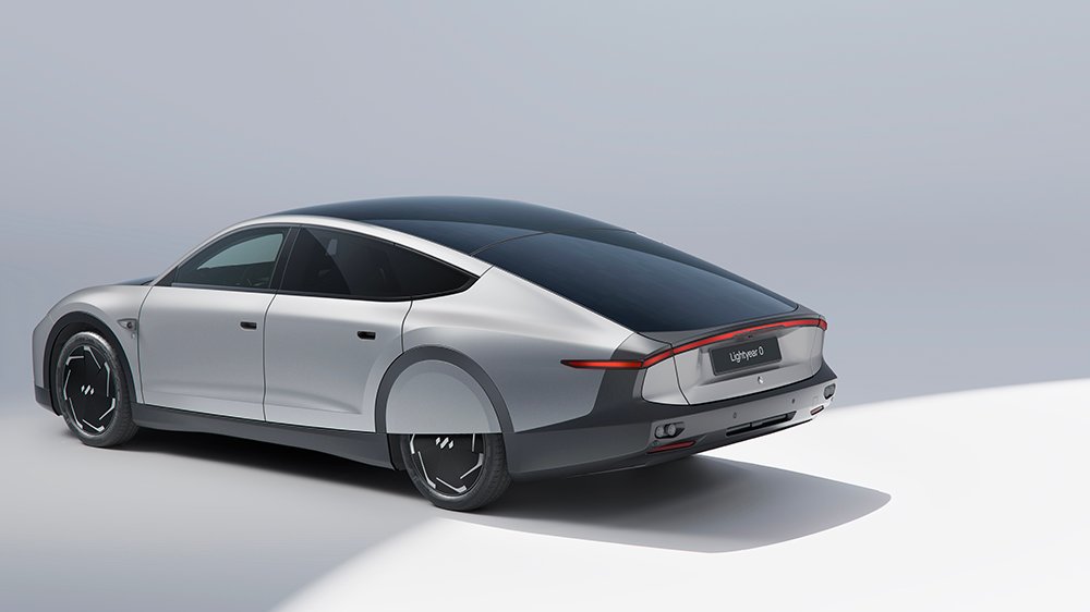 A rear 3/4 view of the Lightyear 0 solar-powered EV