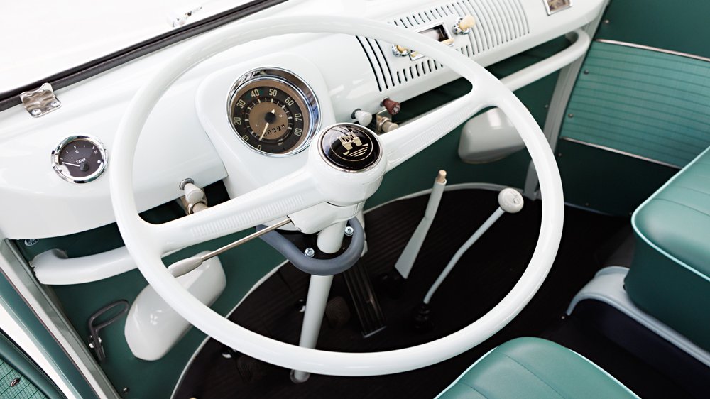 The interior of a 1962 Volkswagen Samba Microbus.