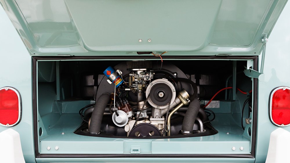 The engine of a 1962 Volkswagen Samba Microbus.