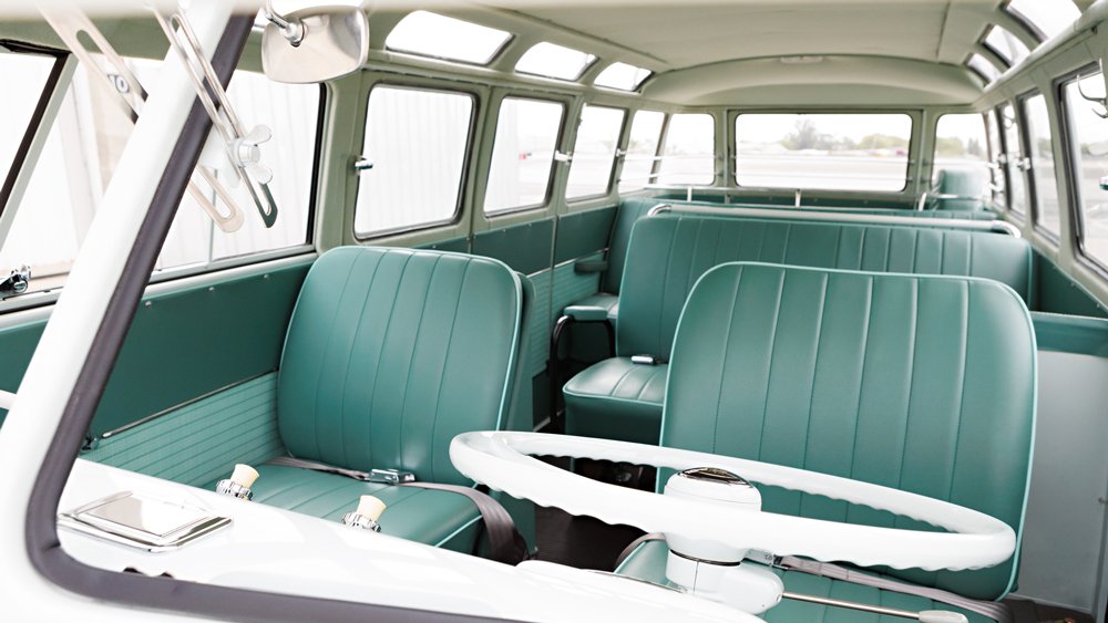 The interior of a 1962 Volkswagen Samba Microbus.