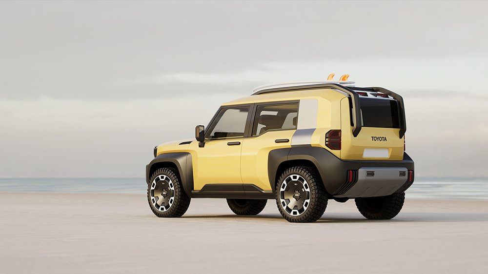 A render of the Toyota Compact Cruiser EV concept on the beach