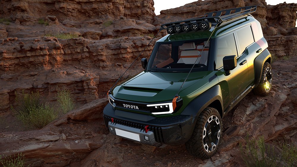 A render of the Toyota Compact Cruiser EV concept off-roading