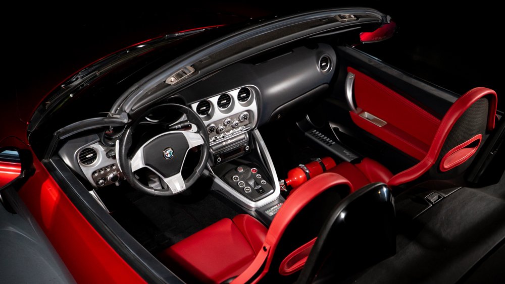 The interior of a 2009 Alfa Romeo 8C Spider.