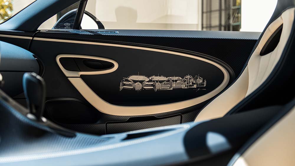 A closeup of the Bugatti Chiron L'Ebe's inner door panel design