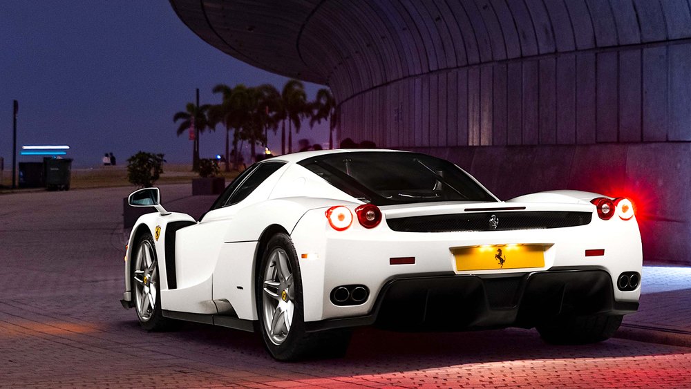 A 2003 Ferrari Enzo, the only one painted white at the factory.