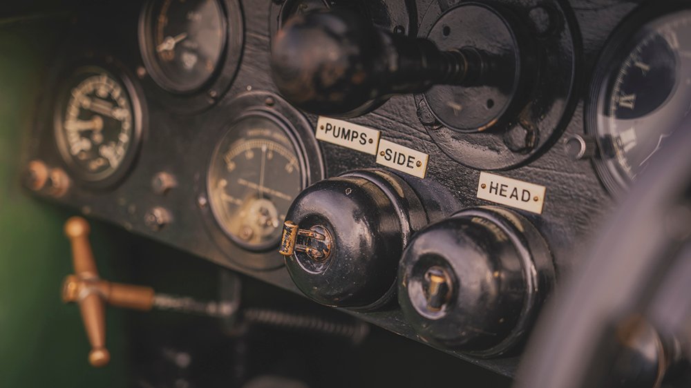 A closeup of the Bentley Speed Six's dashboard
