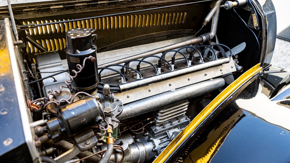 The supercharged 3.3-liter inline-eight engine inside a 1938 Bugatti Type 57C Atalante.