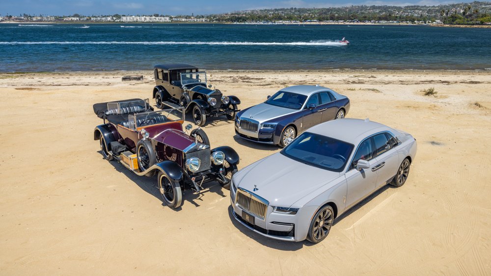 Clockwise from left: examples of Rolls-Royce's Springfield Silver Ghost from 1923 and 1921, respectively, meet 2022 versions of the Rolls-Royce Ghost in San Diego, Calif.