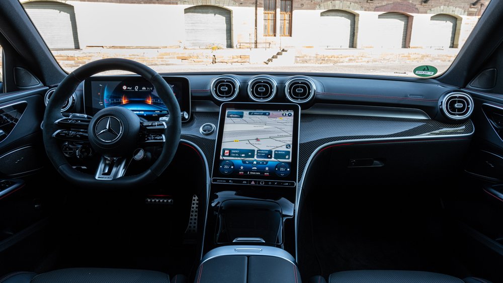 The interior of a 2023 Mercedes-AMG C 43 sport sedan.
