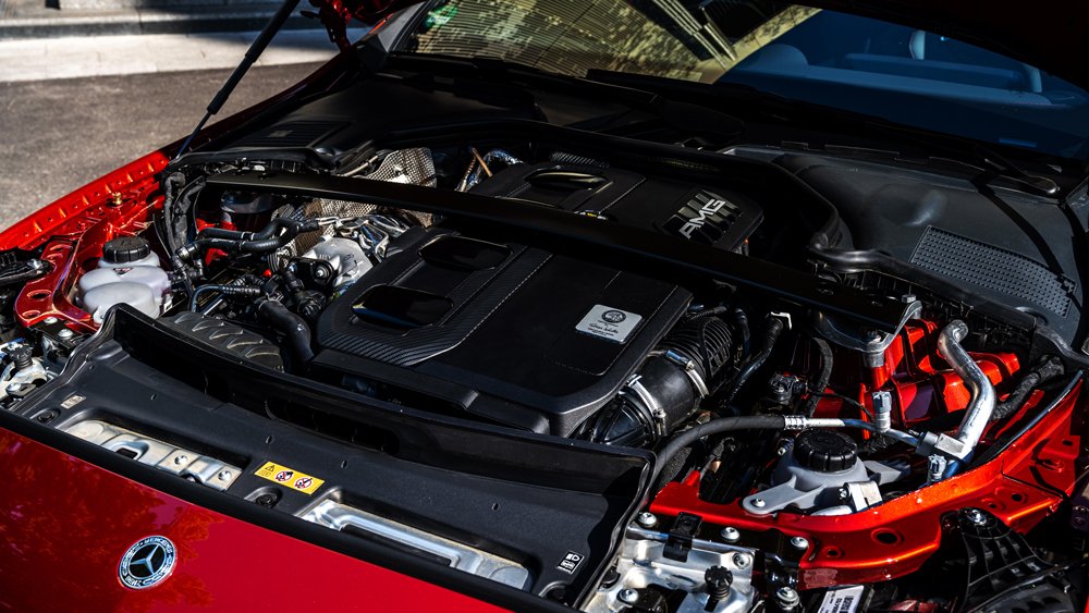 The engine inside a 2023 Mercedes-AMG C 43 sport sedan.
