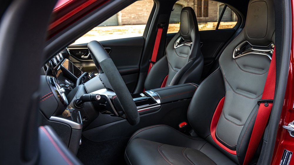 The interior of a 2023 Mercedes-AMG C 43 sport sedan.