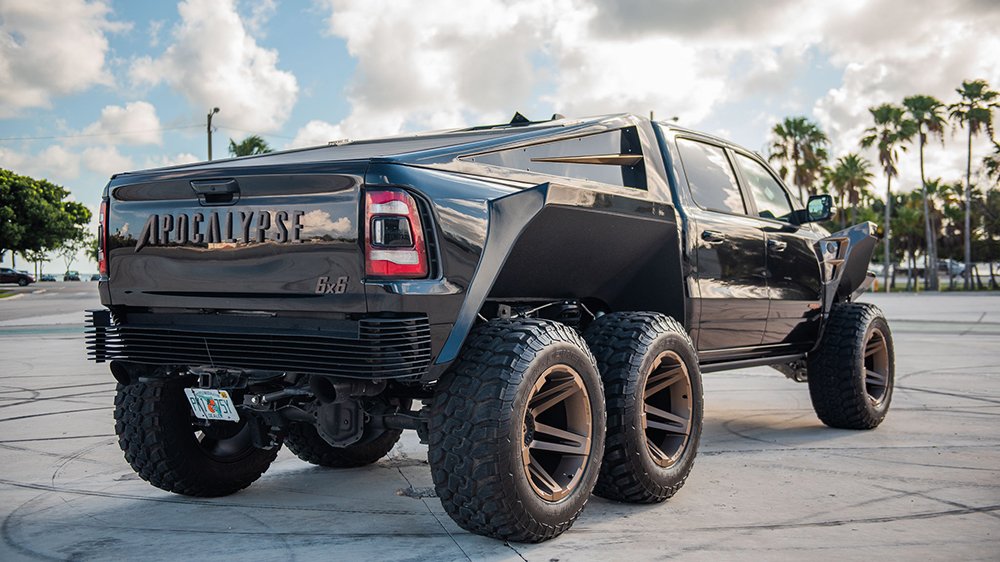 The Apocalypse Manufacturing Juggernaut 6x6 from the rear