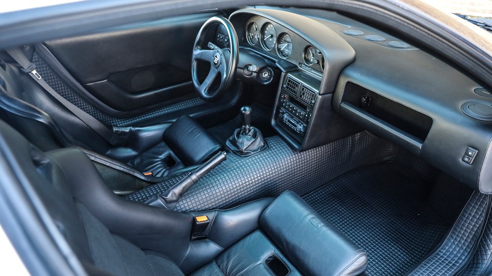 The interior of a 1994 Bugatti EB110 Super Sport supercar.