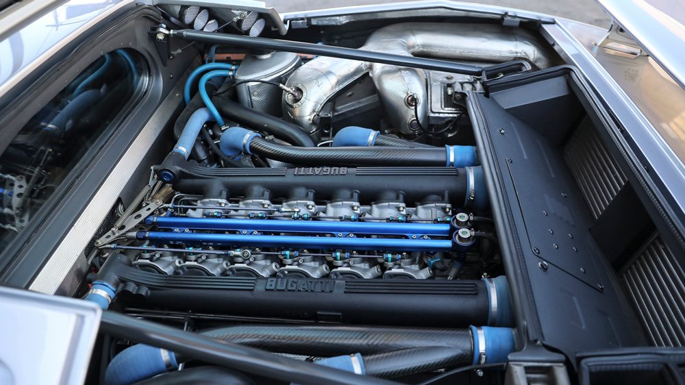 The engine inside a 1994 Bugatti EB110 Super Sport supercar.