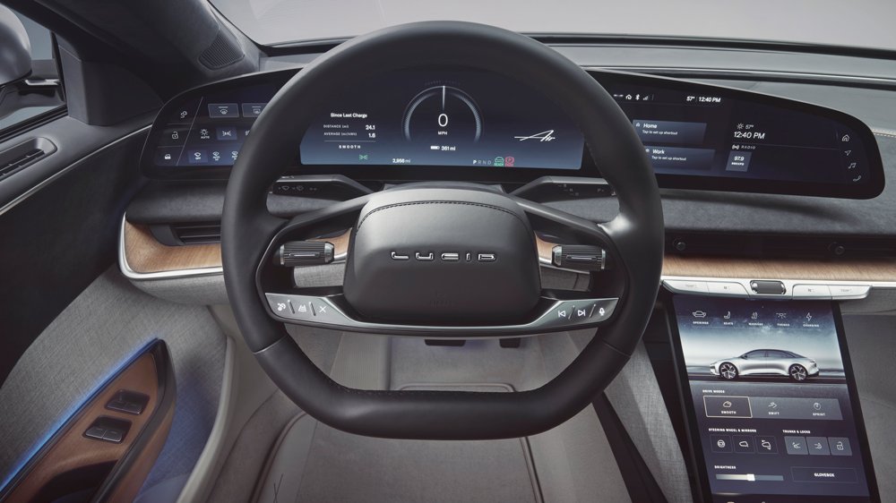 The driver's perspective inside the all-electric Lucid Air Grand Touring sedan.