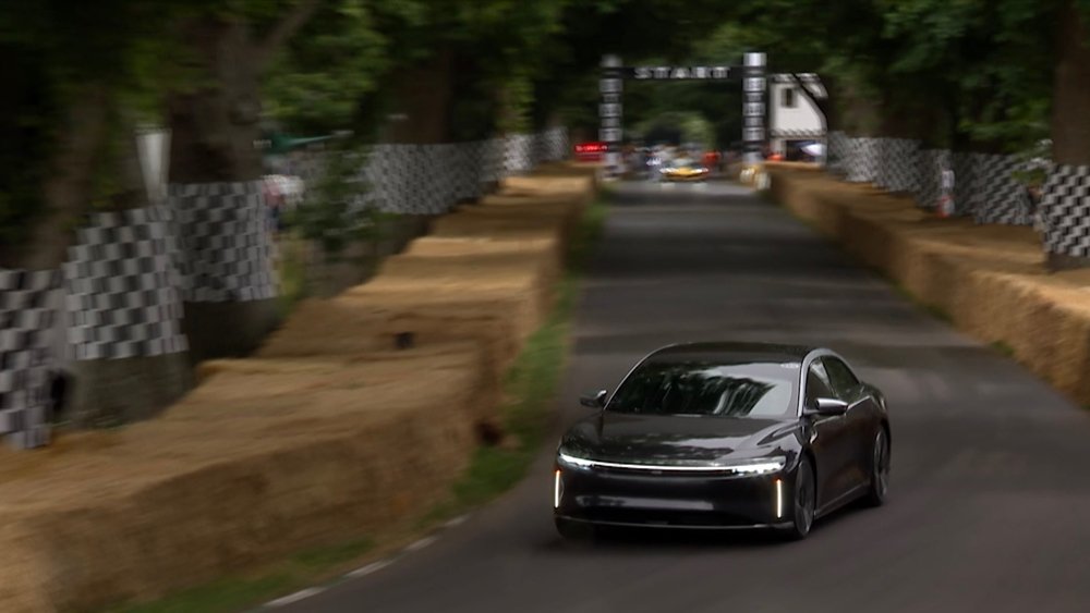 The all-electric Lucid Air Grand Touring Performance on its way to setting a production-car speed record at the 2022 Goodwood Festival of Speed.