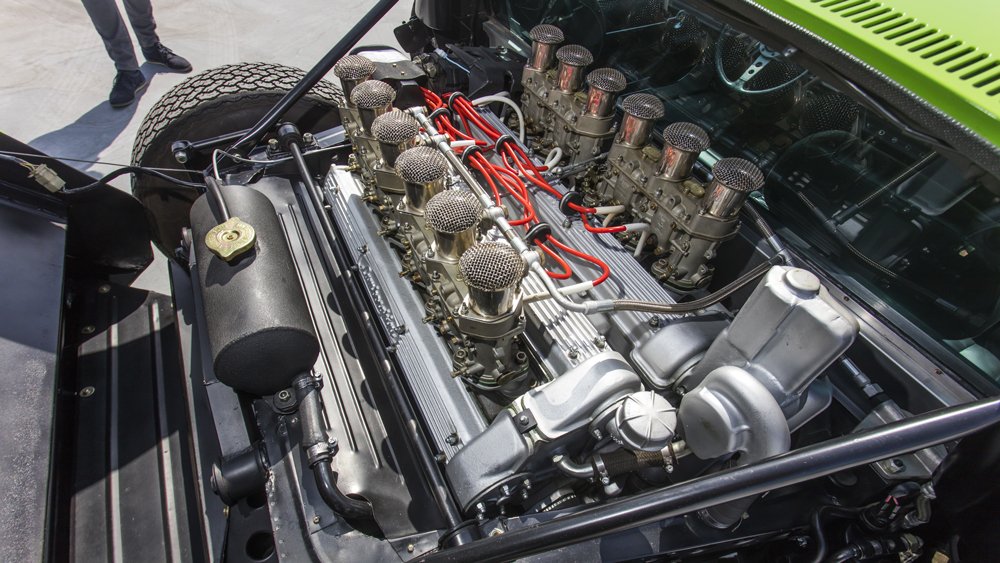 The 3,929 cc, DOHC V-12 engine inside a 1969 Lamborghini Miura P400 S.