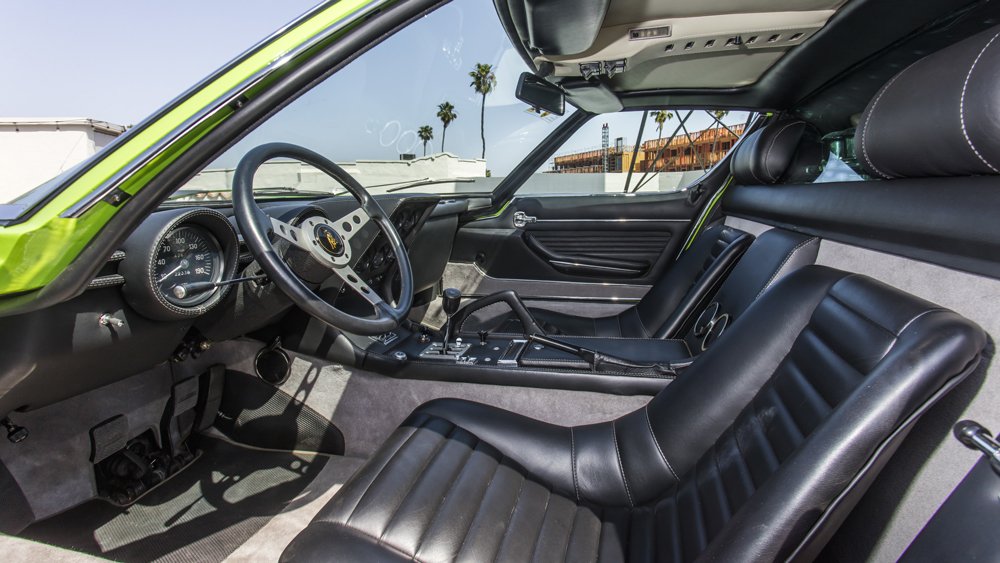 The interior of a 1969 Lamborghini Miura P400 S.