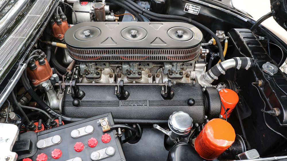The 320 hp, 4.0-liter V-12 engine inside a 1961 Ferrari 400 Superamerica Series I Coupé Aerodinamico.