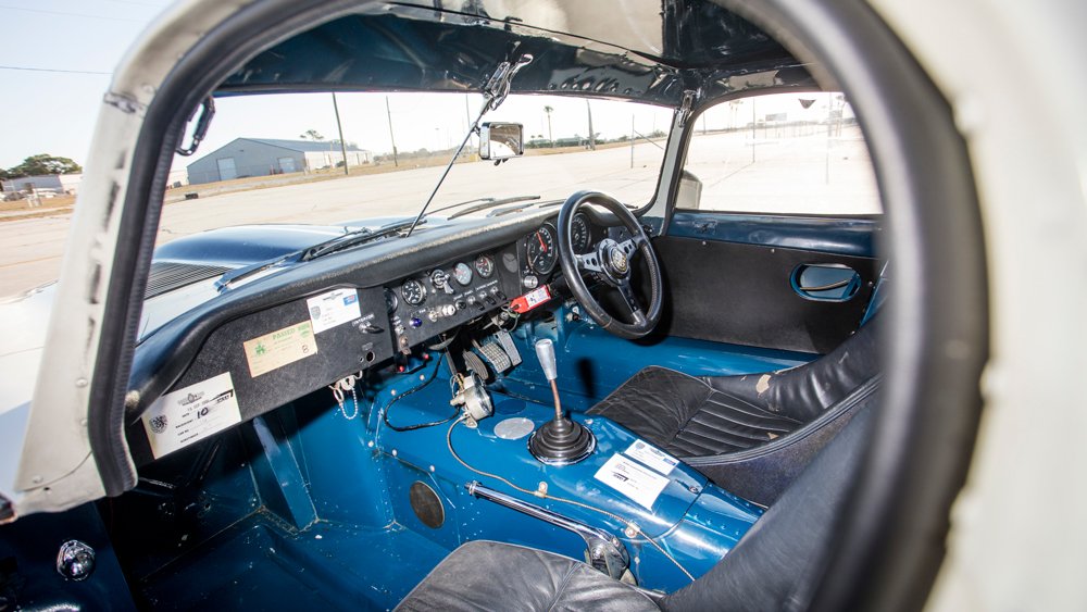 The cockpit of one of Briggs Cunningham's 1963 Jaguar E-Type Lightweight race cars.
