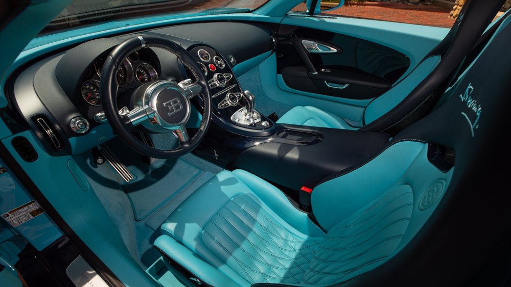 The interior of a 2014 Bugatti Veyron 16.4 Grand Sport Vitesse Jean-Pierre Wimille Legend Edition supercar.