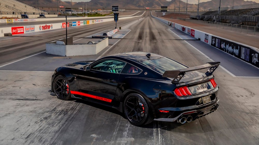 A rear 3/4 view of the Shelby American Ford Mustang GT500 Code Red