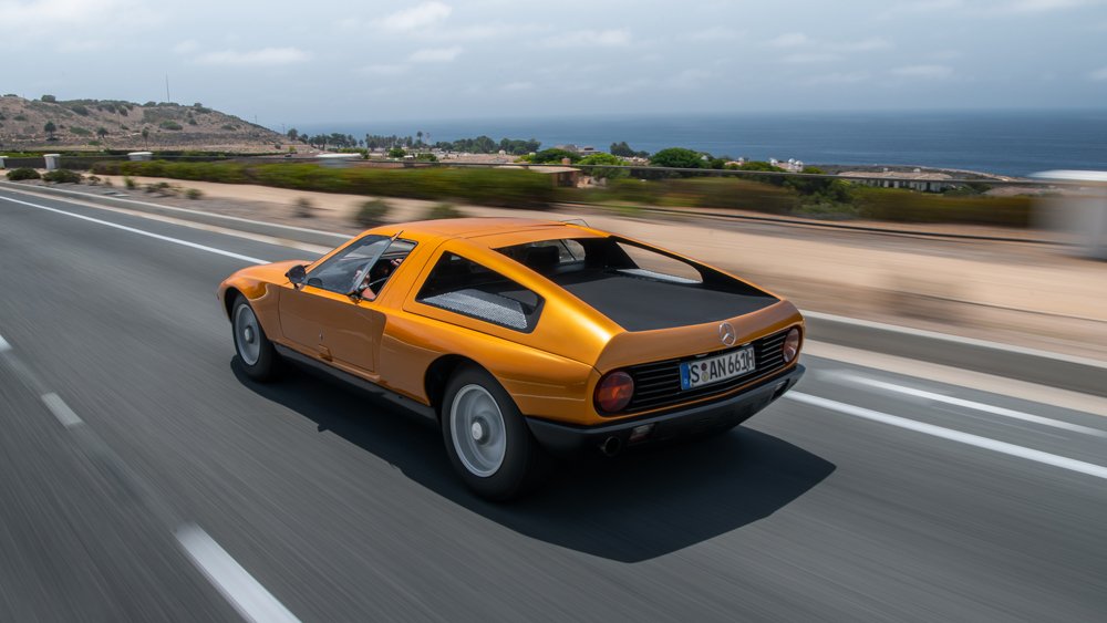 An example of the experimental 1970 Mercedes-Benz C111 on the road.