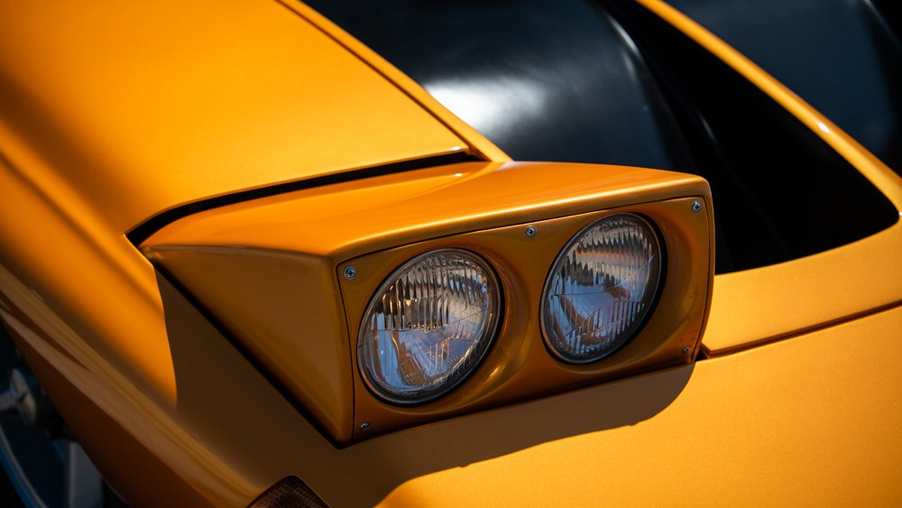 A close-up look at the headlights on an example of the experimental 1970 Mercedes-Benz C111.