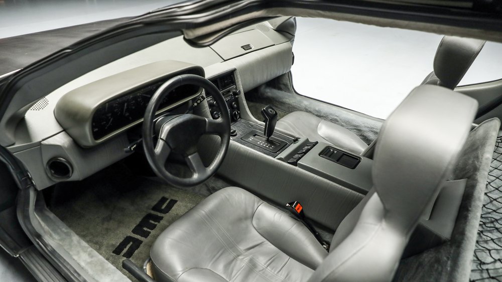 The interior of a 1982 DeLorean DMC-12.