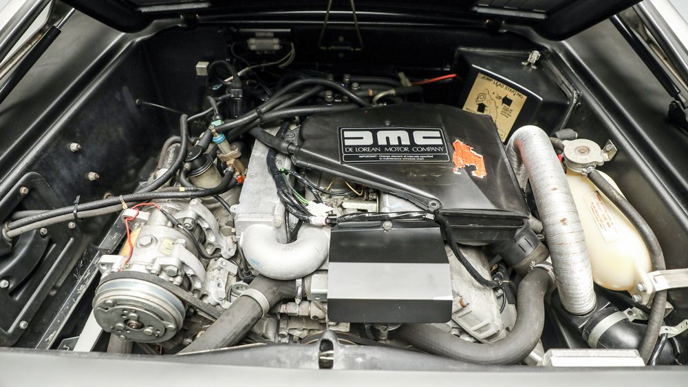 The 130 hp, 2.85-liter V-6 engine inside a 1982 DeLorean DMC-12.