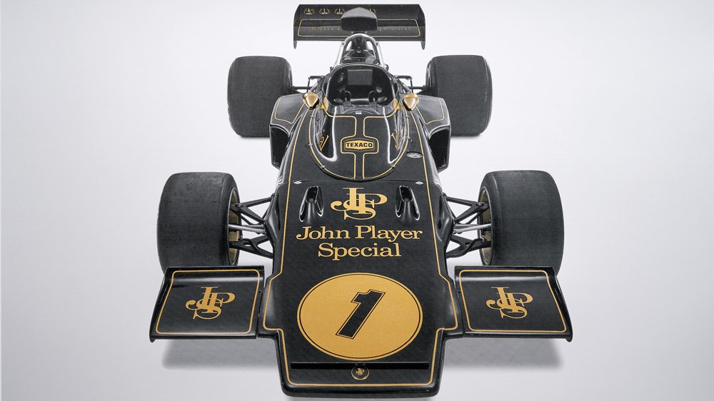 A gold-leaf, silk-screen print of Emerson Fittipaldi's Lotus 72D from his winning 1972 season in Formula 1.