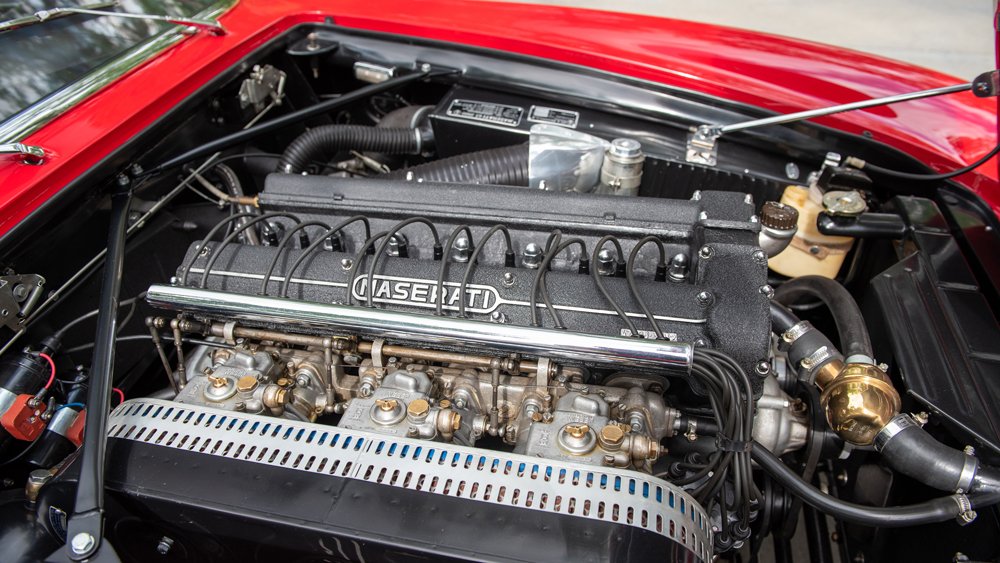 The 3.5-liter inline-six engine inside a 1960 Maserati 3500 GT Spyder.
