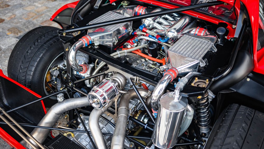 The 2.9-liter, twin-turbo V-8 engine inside a 1987 Ferrari 288 GTO Evoluzione.