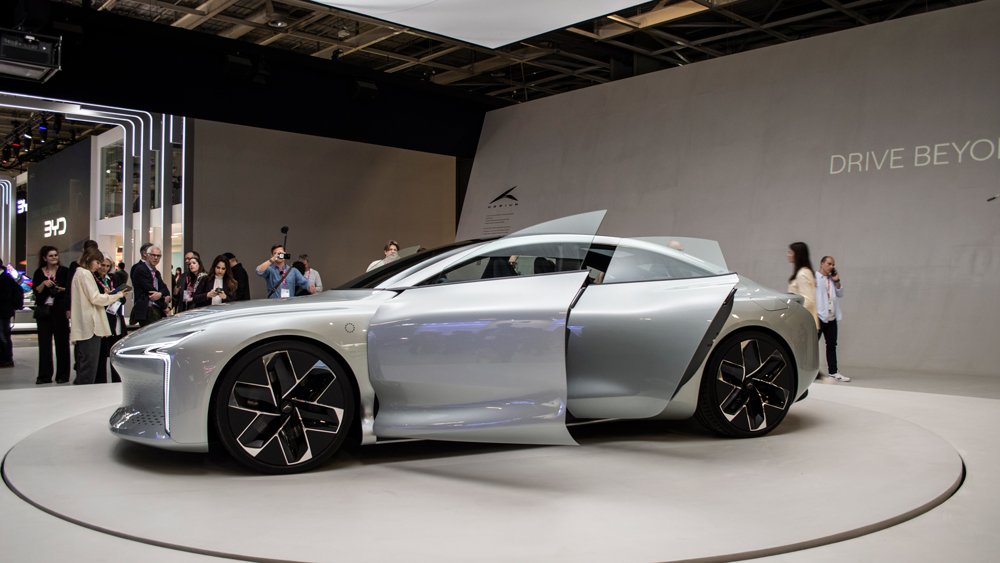 The Hopium Machina Vision, a hydrogen powered concept car, at the 2022 Paris Motor Show.