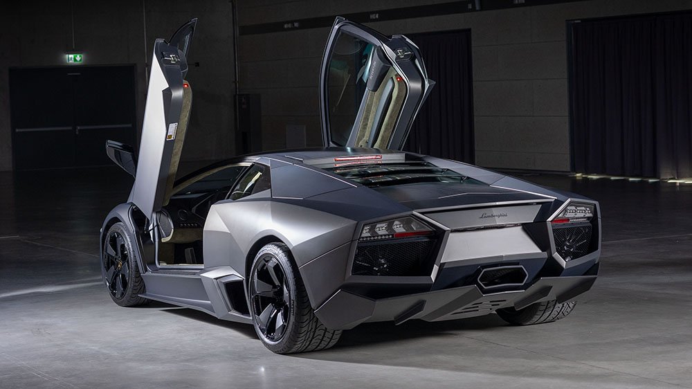 A rear 3/4 view of the 2008 Lamborghini Reventón