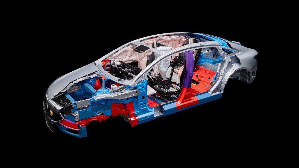 A cutaway illustration of the Mercedes-Benz EQS denotes where the use of high-strength steel and hot-formed ultra-high-strength steel have been implemented for increased safety.