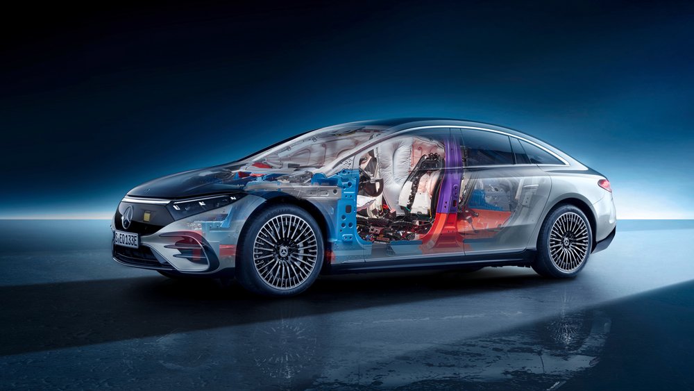A cutaway illustration of the Mercedes-Benz EQS showing the array of airbags and their configuration when deployed.